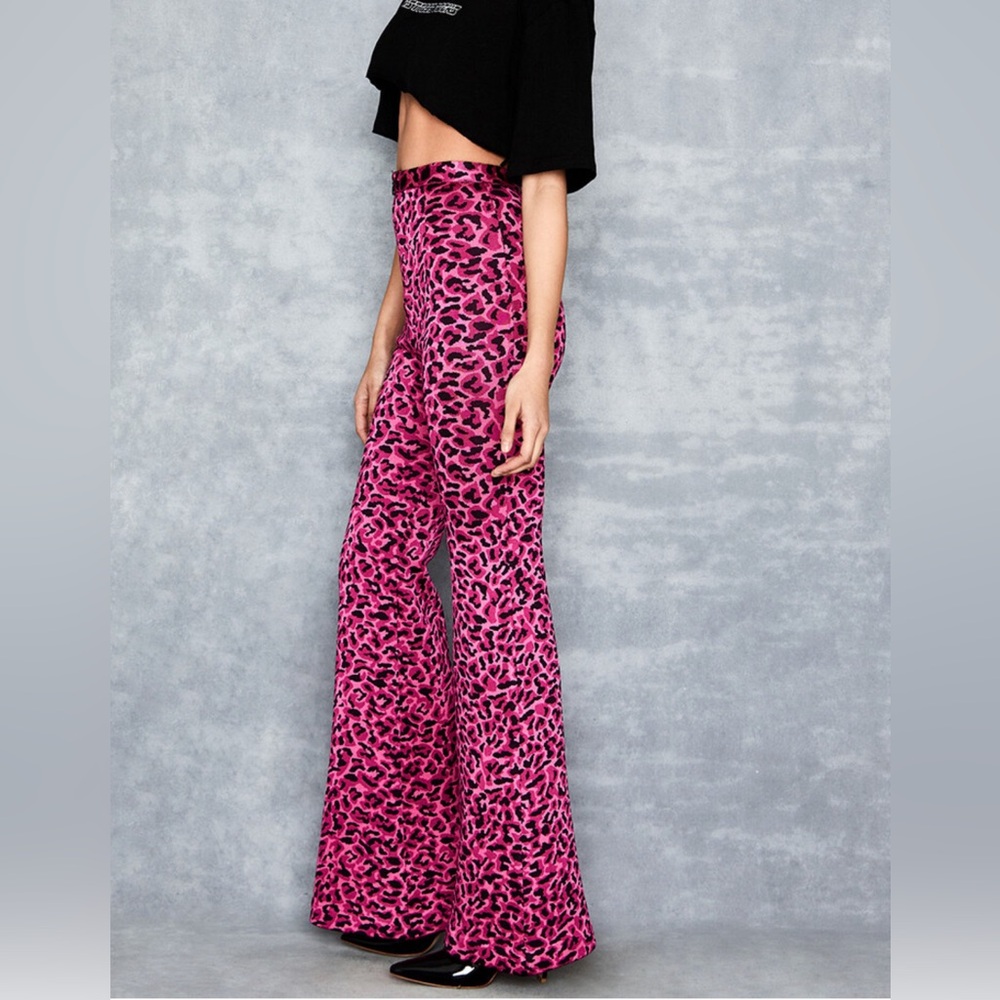 Mistress Rocks Pink Leopard Bandage Flare Trousers.